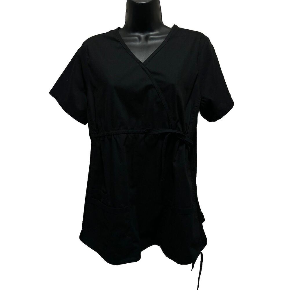 Cherokee Workwear Black Scrub Top Short Sleeve V Neck Pockets Size S Side Tie